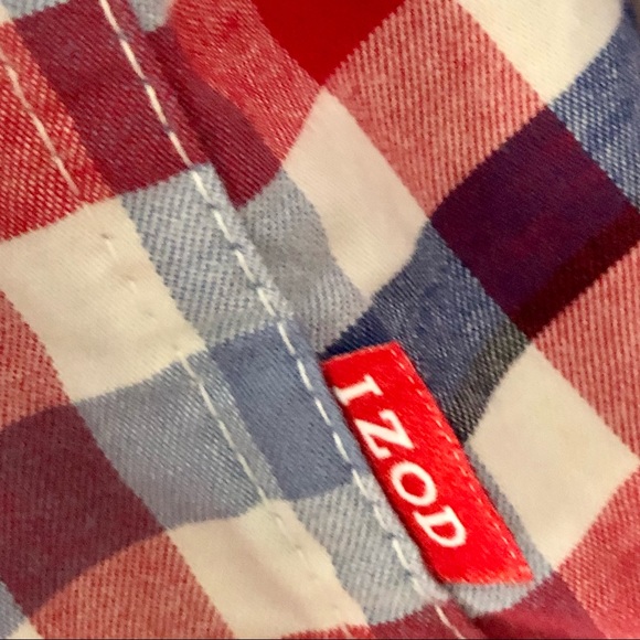 📌$11  IZOD 🇺🇸Mens Red White & Blue Plaid LS Shirt Sz Large - Picture 4 of 6